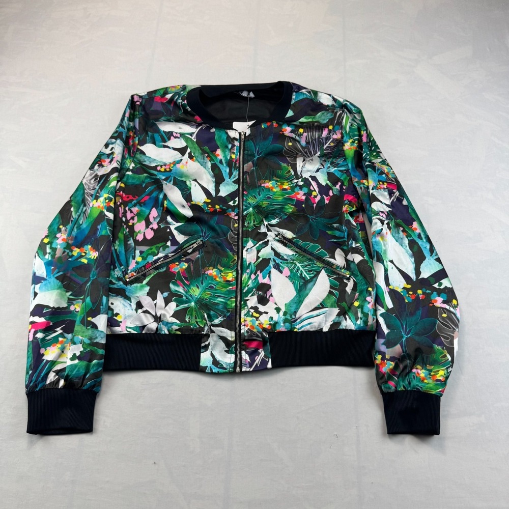 NWT Gottex Studio Bomber XL Jacket Womens Green Black Floral Ribbed Hem Cuff Z